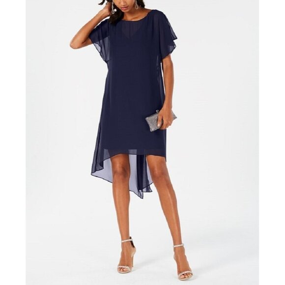 ADRIANNA PAPELL Size XS Navy Chiffon Overlay A-Line Dress High Low Hem  NEW - Picture 1 of 3